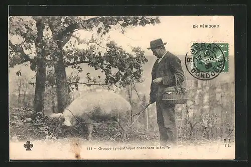 AK En Périgord, Groupe sympathique cherchant la truffe, Mann mit Trüffelschwein