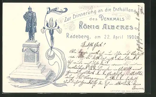 Lithographie Radeberg, Enthüllung des Denkmals König Alberts am 22.4.1900