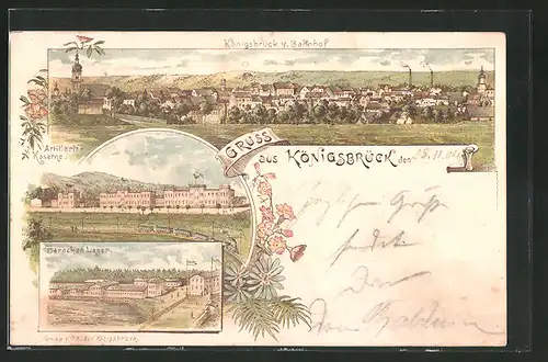 Lithographie Königsbrück, Artillerie-Kaserne, Baracken-Lager, Ortsansicht