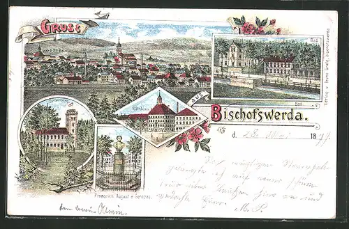Lithographie Bischofswerda, Butterberg, Rathaus, Bad, Ortsansicht, Denkmal