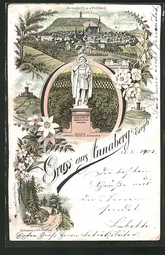Lithographie Annaberg i. Erzgebirge, Herzog Georg d. Bärtigen Denkmal, Rundgang um d. Pöhlberg, Gesamtansicht