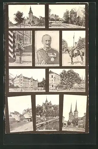 AK Grimma / Sachsen, Golditzerstr. mit Ruine, Leipzigerplatz, Porträtbild von König Friedrich August von Sachsen