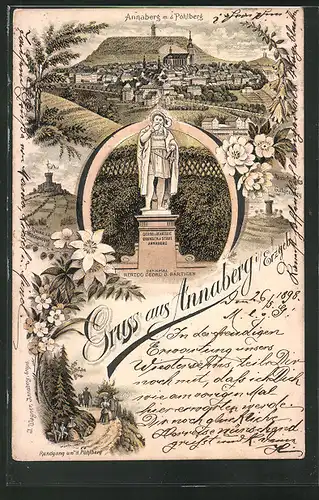 Lithographie Annaberg / Erzgebirge, Herzog Georg d. Bärtigen Denkmal, Rundgang um d. Pöhlberg, Gesamtansicht