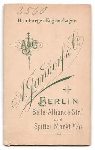 Fotografie A. Jandorf & Co., Berlin, Belle-Alliance-Strasse 1, Portrait kleines Mädchen in modischer Kleidung