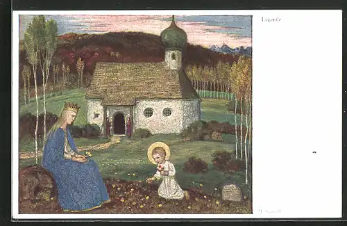 Künstler-AK Matthäus Schiestl: Heilige mit Kirche