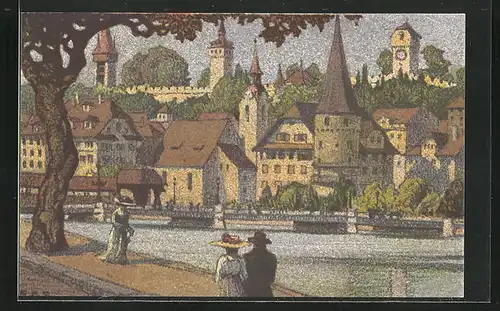 Künstler-AK Ernst E. Schlatter: Musegg v. Bahnhof aus