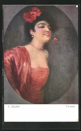 Künstler-AK Luis Usabal: Hübsche Frau im roten Kleid mit Blume im Haar /Mund
