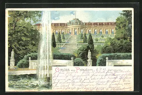 Lithographie Potsdam, Blick auf Schloss Sanssouci