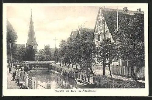 AK Borstel im Altenlande, Ortspartie mit Brücke und Kirche