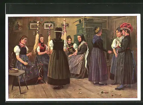 Künstler-AK Heinrich Hoffmann: Spinnstube im Schwarzwald