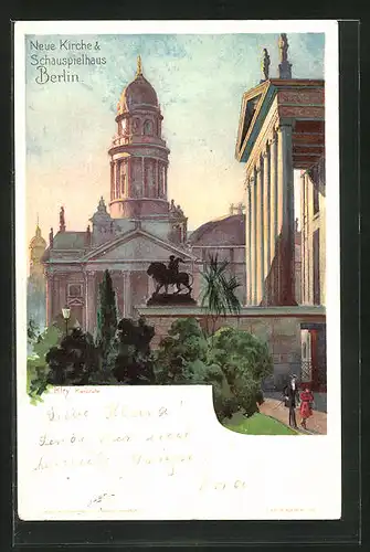 Künstler-AK Heinrich Kley: Berlin, Neue Kirche & Schauspielhaus