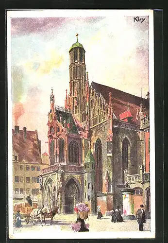 Künstler-AK Heinrich Kley: Nürnberg, Bayerische Jubiläums & Landesausstellung 1906, Frauenkirche und Pferdewagen