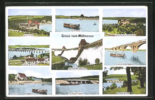 AK Möhnesee, Gasthaus Seehof, Sperrmauer, Viadukt, Wameler Brücke, Stockumer Damm