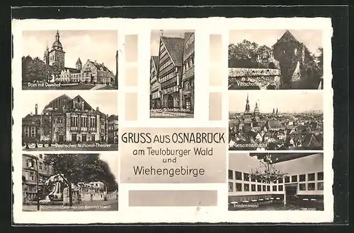 AK Osnabrück, Dom mit Domshof, Deutsches Nationaltheater, Haarmannsbrunnen, Vitischanze
