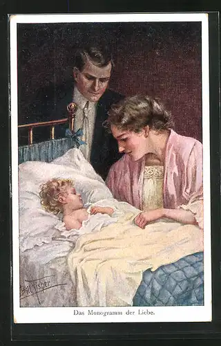 Künstler-AK Bill Fisher: Das Monogramm der Liebe, Paar bei Kind am Bett