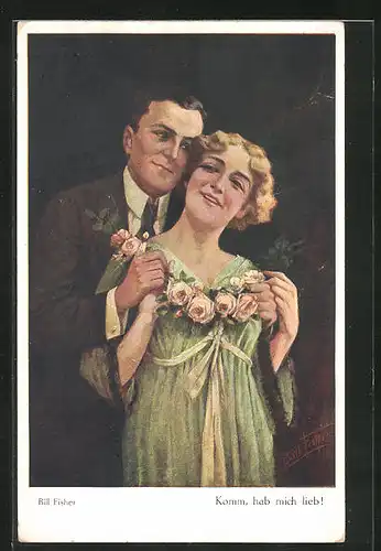 Künstler-AK Bill Fisher: Komm hab mich lieb!, Liebespaar mit Rosengebinde