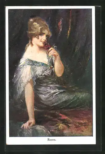Künstler-AK Adolf (Jodolfi): Fräulein mit einer Rose