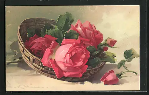 Künstler-AK Catharina Klein: rote Rosen im Korb