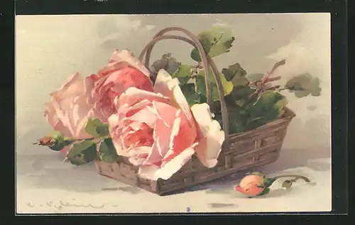 Künstler-AK Catharina Klein: pinke Rosen im Holzkorb