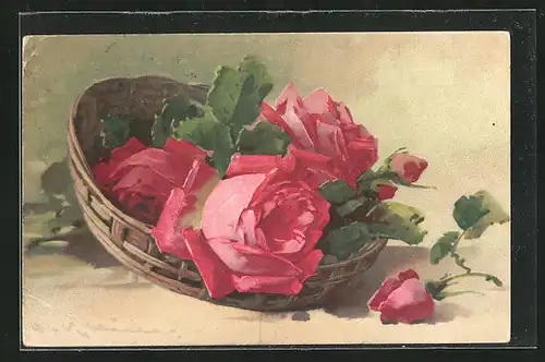 Künstler-AK Catharina Klein: rote Rosen im umgekipptem Korb