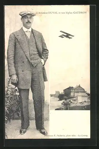 AK L`Aviateur Duval et son biplan Caudron, Flugzeug