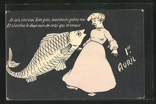 Künstler-AK Xavier Sager unsign.: Gruss zum1. April, Fisch möchte einen Kuss