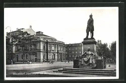 AK Düsseldorf, Stadttheater mit Bismarckdenkmal