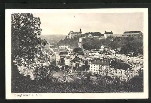 AK Burghausen a. d. S., Ortspartie mit Schloss und Kirche