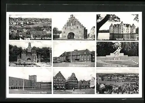 AK Flensburg, Marienschule mit Freitreppe, Reichsbahnhof, Schloss Glücksburg