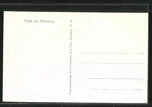 AK Flensburg, Marienschule mit Freitreppe, Reichsbahnhof, Schloss Glücksburg