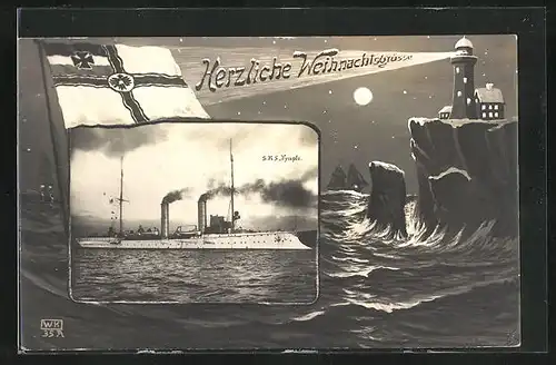 AK Kriegsschiff S.M.S. Nympfe mit rauchenden Schornsteinen
