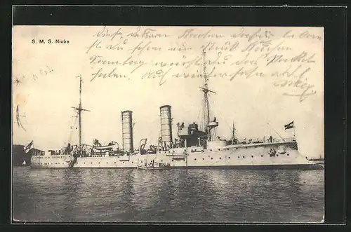 AK Kriegsschiff S.M.S. Niobe mit Beiboot