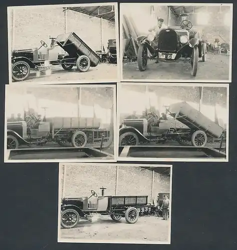 5 Fotografien unbekannter Fotograf, Ansicht Santa-Fe, Lastwagen Chevrolet, LKW-Kipper in einer Werkstatt