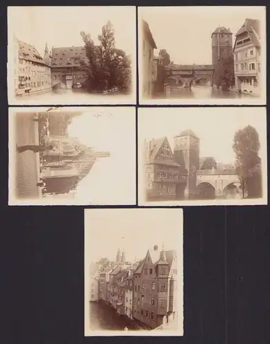 5 Fotografien unbekannter Fotograf, Ansicht Nürnberg, Marktplatz, Henkersteg, Gebäude an der Pegnitz