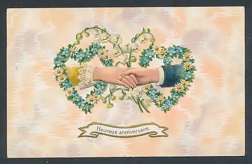 Oblaten-AK Händedruck mit Herzen aus Blumen