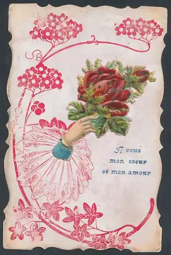 Oblaten-AK Hand hält einen Strauss rote Blumen