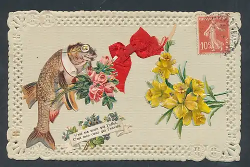 Oblaten-AK Aprilgruss mit Fisch und Blumen