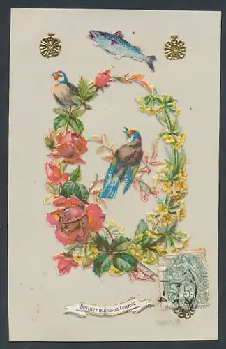 Oblaten-AK Blumenkranz mit Vögeln