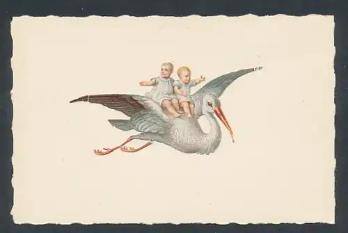 Oblaten-AK Zwei Säuglinge fliegen auf einem Storch