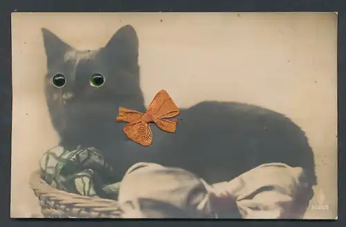 Glasaugen-AK Schwarze Katze im Korb mit Schleife
