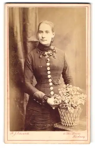 Fotografie B. J. Edwards, London-Hackney, 6, The Grove, Portrait junge Dame im Kleid mit Topfpflanze