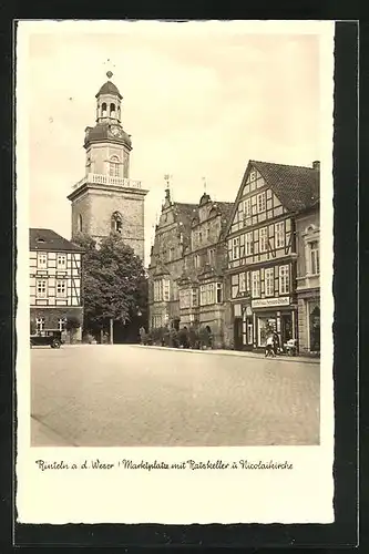 AK Rinteln a. d. Weser, Marktplatz mit Ratskeller und Nicolaikirche