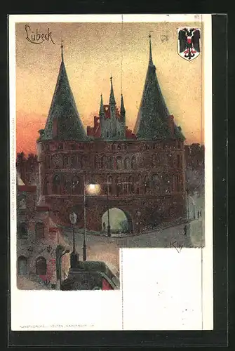 Künstler-AK Heinrich Kley: Lübeck, Gebäudeansicht am Abend