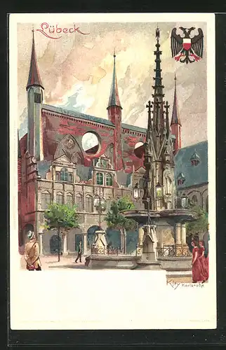 Künstler-AK Heinrich Kley: Lübeck, Ortspartie mit Brunnen