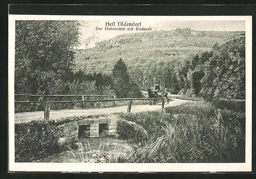 AK Hessisch Oldendorf, Kutsche auf dem Weg über den Blutbach mit dem Hohenstein im Hintergrund