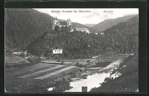 AK Obernhof, Blick auf Kloster Arnstein mit der Lahn im Vordergrund