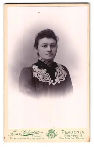 Fotografie Franz Liebenow, Plauen i/V., Albertplatz 14, Portrait Frau in schwarzem Kleid mit hellen Stickmuster