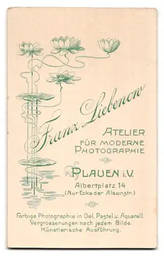 Fotografie Franz Liebenow, Plauen i/V., Albertplatz 14, Portrait Frau in schwarzem Kleid mit hellen Stickmuster