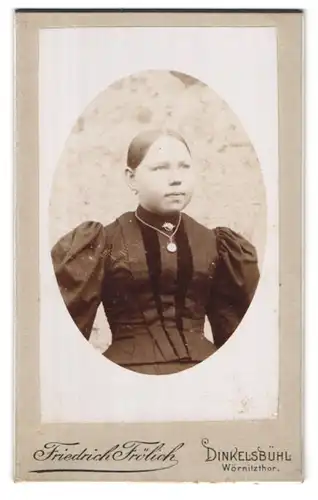 Fotografie Friedrich Frölich, Dinkelsbühl, Wörnitzerthor, Portrait Frau im Korsettkleid mit Puffärmeln