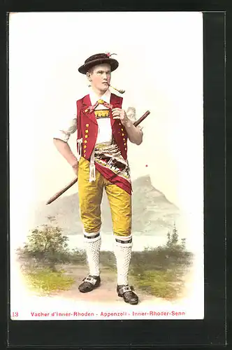 AK Appenzell, Inner-Rhoder-Senn in Tracht mit Tabakpfeife
